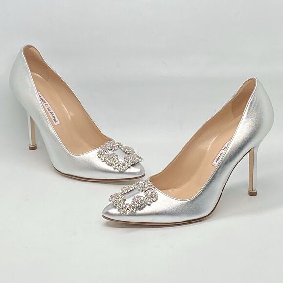 Manolo Blahnik Hangisi 105MM Crystal Buckle Leather Pumps size 37.5 - Picture 9 of 16